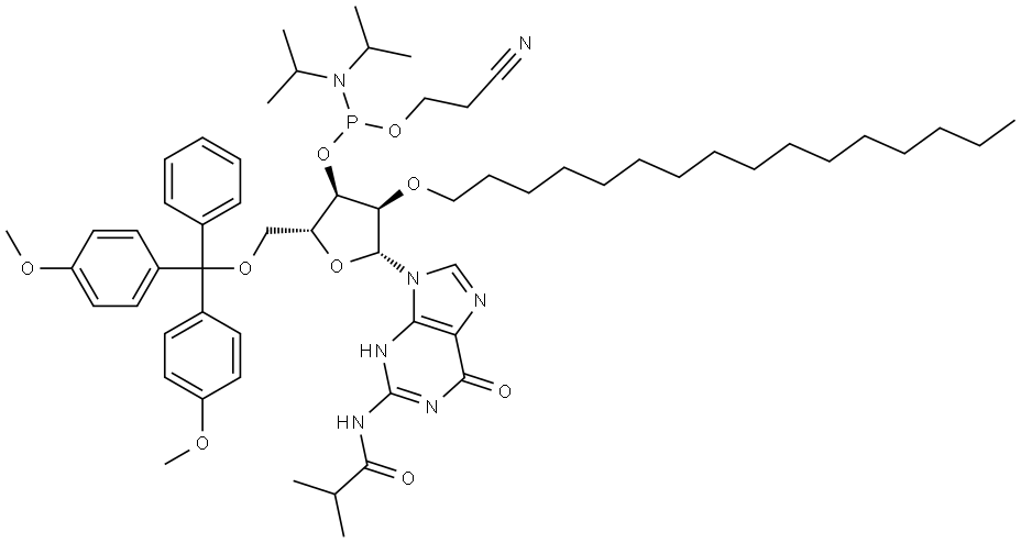 Guanosine, 5′-O-[bis(4-methoxyphenyl)phenylmethyl]-2′-O-hexadecyl-N-(2-methyl-1-oxopropyl)-, 3′-[2-cyanoethyl N,N-bis(1-methylethyl)phosphoramidite] Struktur