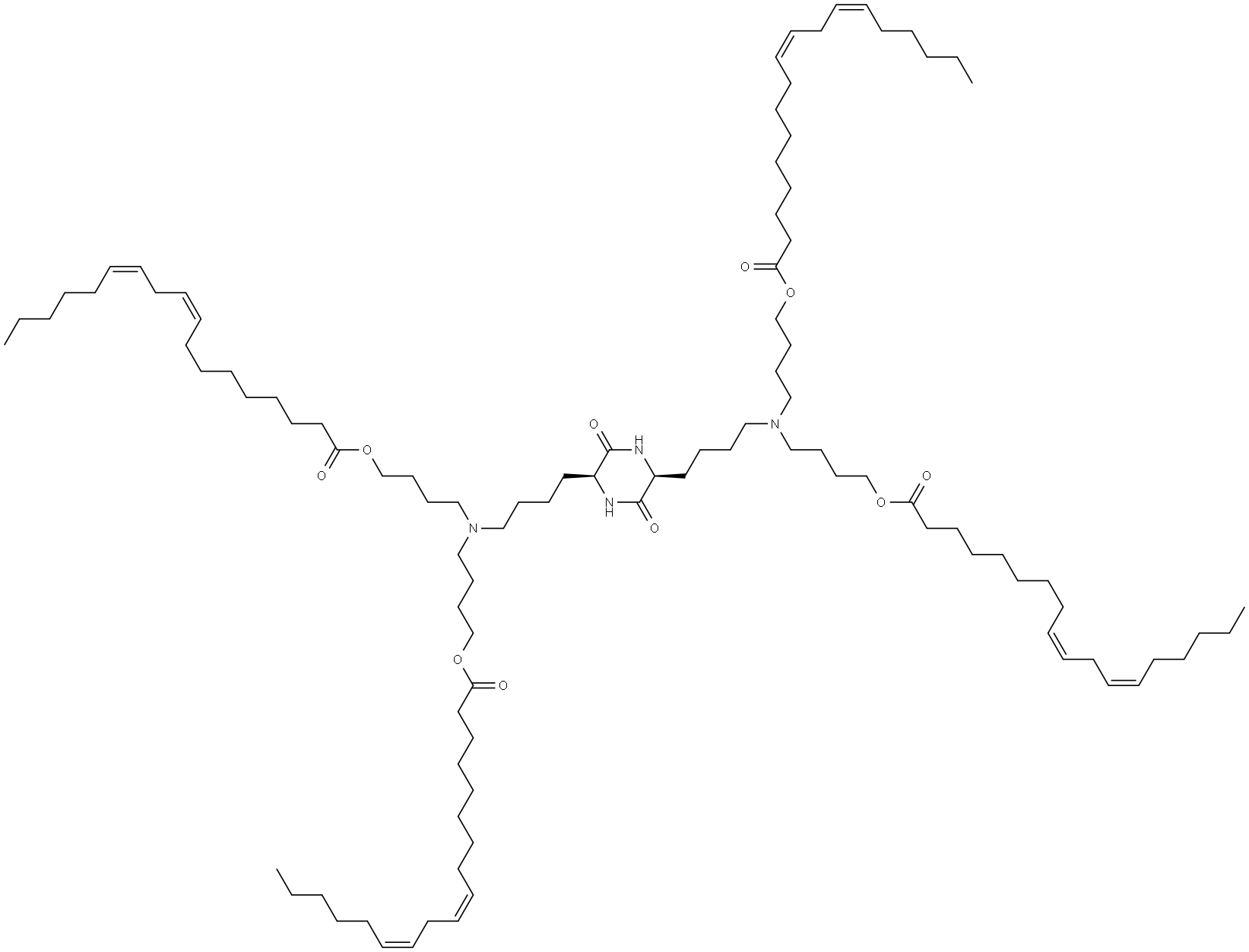 9,12-Octadecadienoic acid (9Z,12Z)-, 1,1′,1′′,1′′′-[[(2S,5S)-3,6-dioxo-2,5-piperazinediyl]bis(4,1-butanediylnitrilodi-4,1-butanediyl)] ester Struktur