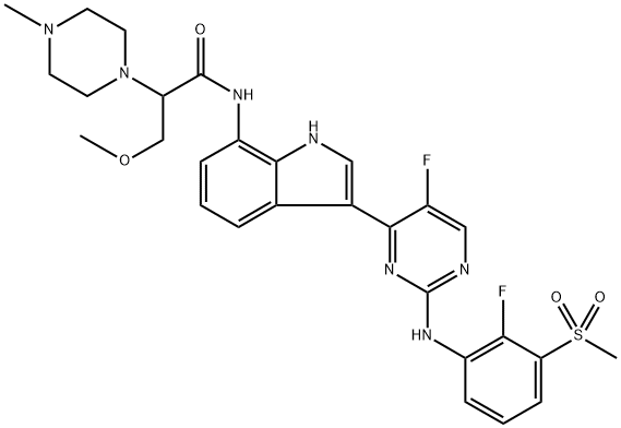 N-(3-(5-fluoro-2-((2-fluoro-3-(methylsulfonyl)phenyl)amino)pyrimidin-4-yl)-1H-indol-7-yl)-3-methoxy-2-(4-methylpiperazin-1-yl)propanamide Struktur