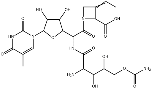 2-Azetidinecarboxylic acid, 1-[5-[[2-amino-5-O-(aminocarbonyl)-2-deoxy-L-xylonoyl]amino]-1,5-dideoxy-1-(3,4-dihydro-5-methyl-2,4-dioxo-1(2H)-pyrimidinyl)-β-D-allofuranuronoyl]-3-ethylidene-, (2S,3E)- Struktur