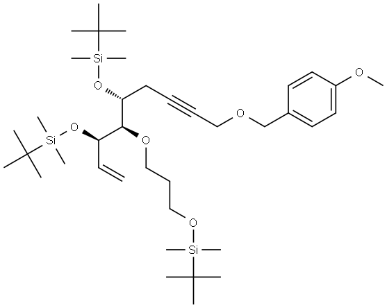 (5R,6R)-6-((R)-1-((tert-butyldimethylsilyl)oxy)-5-((4-methoxybenzyl)oxy)pent-3-yn-1-yl)-2,2,3,3,12,12,13,13-octamethyl-5-vinyl-4,7,11-trioxa-3,12-disilatetradecane Struktur
