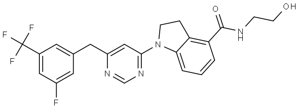 1H-Indole-4-carboxamide, 1-[6-[[3-fluoro-5-(trifluoromethyl)phenyl]methyl]-4-pyrimidinyl]-2,3-dihydro-N-(2-hydroxyethyl)- Struktur