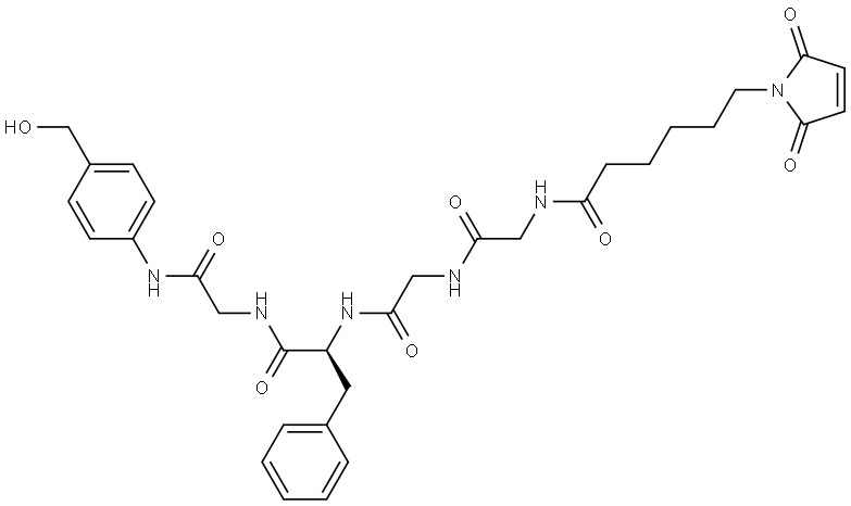 (S)-6-(2,5-Dioxo-2,5-dihydro-1H-pyrrol-1-yl)-N-(2-((2-((1-((2-((4-(hydroxymethyl)phenyl)amino)-2-oxoethyl)amino)-1-oxo-3-phenylpropan-2-yl)amino)-2-oxoethyl)amino)-2-oxoethyl)hexanamide Struktur