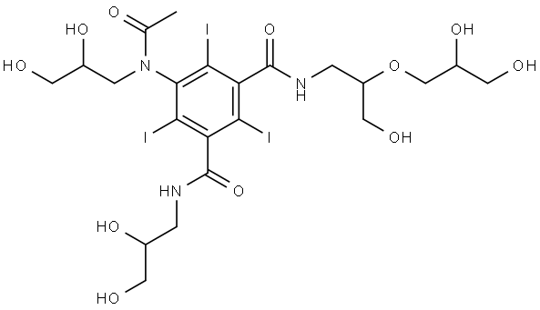 1,3-Benzenedicarboxamide, 5-[acetyl(2,3-dihydroxypropyl)amino]-N1-[2-(2,3-dihydroxypropoxy)-3-hydroxypropyl]-N3-(2,3-dihydroxypropyl)-2,4,6-triiodo- Struktur