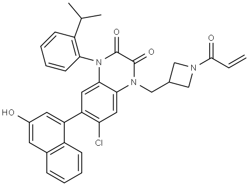 2,3-Quinoxalinedione, 6-chloro-1,4-dihydro-7-(3-hydroxy-1-naphthalenyl)-1-[2-(1-methylethyl)phenyl]-4-[[1-(1-oxo-2-propen-1-yl)-3-azetidinyl]methyl]- Struktur