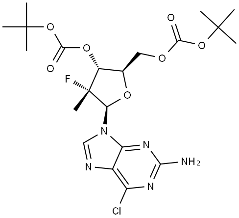 [(2R,3R,4R,5R)-5-(2-amino-6-chloro-purin-9-yl)-3-tert-butoxycarbonyloxy-4-fluoro-4-methyl-tetrahydrofuran-2-yl]methyl tert-butyl carbonate Struktur