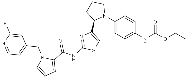 ethyl N-[4-[(2R)-2-[2-[[1-[(2-fluoro-4-pyridyl)methyl]pyrrole-2-carbonyl]amino]thiazol-4-yl]pyrrolidin-1-yl]phenyl]carbamate Struktur