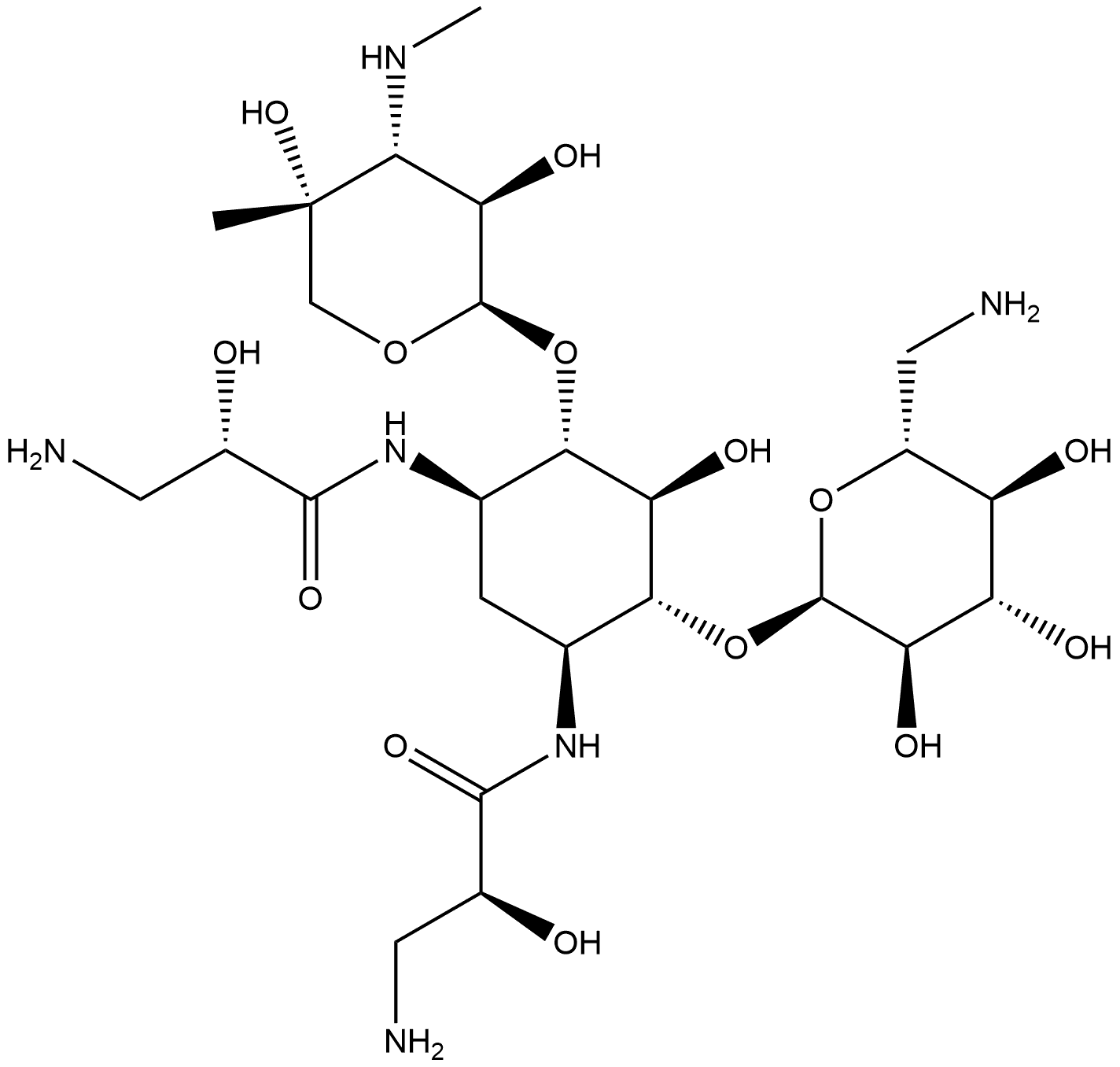 D-Streptamine, O-6-amino-6-deoxy-α-D-glucopyranosyl-(1→4)-O-[3-deoxy-4-C-methyl-3-(methylamino)-β-L-arabinopyranosyl-(1→6)]-N1,N3-bis[(2S)-3-amino-2-hydroxy-1-oxopropyl]-2-deoxy- Struktur