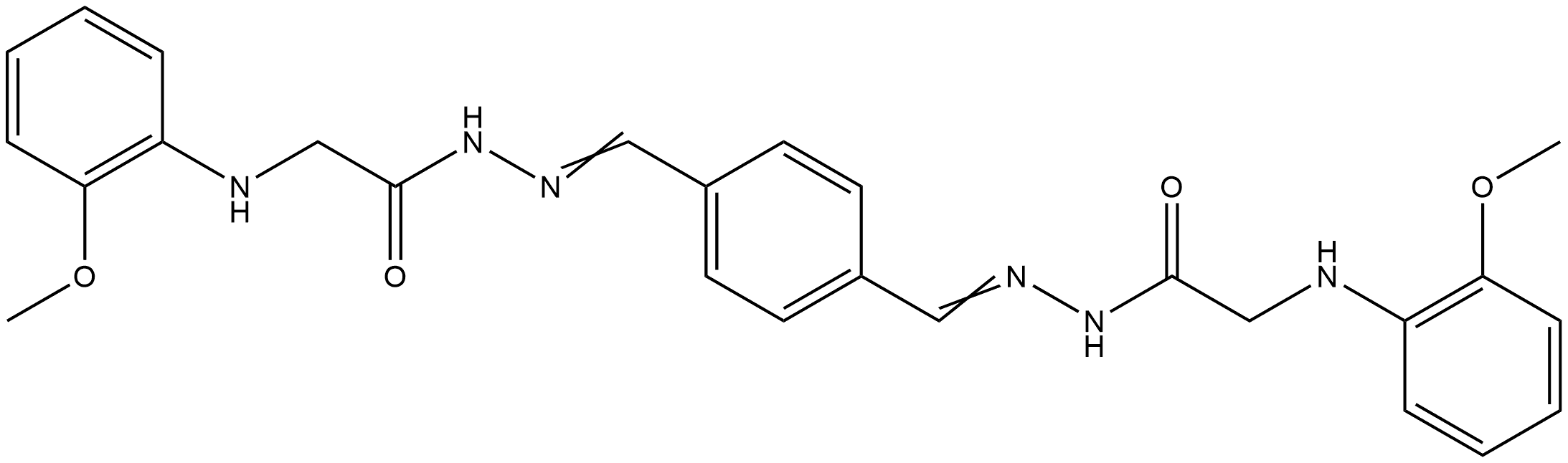 N',N''-[1,4-phenylenedi(methylylidene)]bis{2-[(2-methoxyphenyl)amino]acetohydrazide} (non-preferred name) Struktur