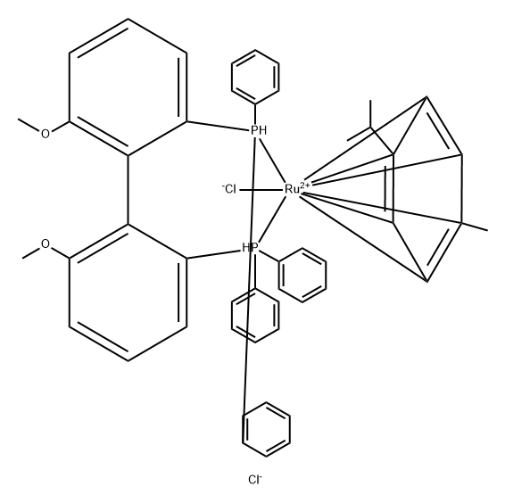 Ruthenium(1+), chloro[[(1R)-6,6'-dimethoxy[1,1'-biphenyl]-2,2'-diyl]bis[diphenylphosphine-κP]][(1,2,3,4,5,6-η)-1-methyl-4-(1-methylethyl)benzene]-, chloride (9CI) Struktur