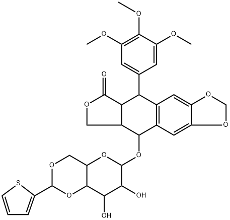 (5R,5aα)-5,8,8aβ,9α-Tetrahydro-9β-[(4-O,6-O-[(2-thienyl)methylene]-β-D-glucopyranosyl)oxy]-5β-(3,4,5-trimethoxyphenyl)furo[3',4':6,7]naphtho[2,3-d]-1,3-dioxol-6(5aH)-one Struktur