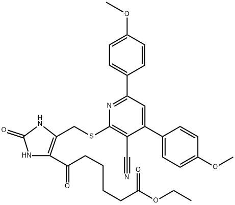 Ethyl 5-[[[3-cyano-4,6-bis(4-methoxyphenyl)-2-pyridinyl]thio]methyl]-2,3-dihydro-ε,2-dioxo-1H-imidazole-4-hexanoate Struktur