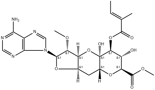 (11R)-11-C-(6-Amino-9H-purin-9-yl)-2,6:8,11-dianhydro-10-O-methyl-4-O-[(E)-1-oxo-2-methyl-2-butenyl]-7-deoxy-α-L-ido-D-lyxo-5-undecoulo-5,9-pyranosonic acid methyl ester Struktur