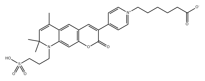 Pyridinium, 1-(5-carboxypentyl)-4-[8,9-dihydro-6,8,8-trimethyl-2-oxo-9-(3-sulfopropyl)-2H-pyrano[3,2-g]quinolin-3-yl]-, inner salt Struktur