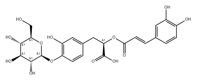 Benzenepropanoic acid, α-[[(2E)-3-(3,4-dihydroxyphenyl)-1-oxo-2-propen-1-yl]oxy]-4-(β-D-glucopyranosyloxy)-3-hydroxy-, (αR)- Struktur