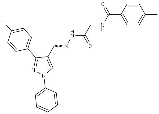 N-[2-((2E)-2-{[3-(4-FLUOROPHENYL)-1-PHENYL-1H-PYRAZOL-4-YL]METHYLENE}HYDRAZINO)-2-OXOETHYL]-4-METHYLBENZAMIDE Struktur