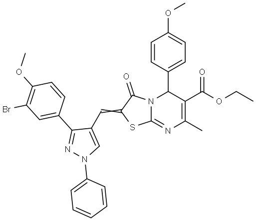ETHYL (2E)-2-{[3-(3-BROMO-4-METHOXYPHENYL)-1-PHENYL-1H-PYRAZOL-4-YL]METHYLENE}-5-(4-METHOXYPHENYL)-7-METHYL-3-OXO-2,3-DIHYDRO-5H-[1,3]THIAZOLO[3,2-A]PYRIMIDINE-6-CARBOXYLATE Struktur