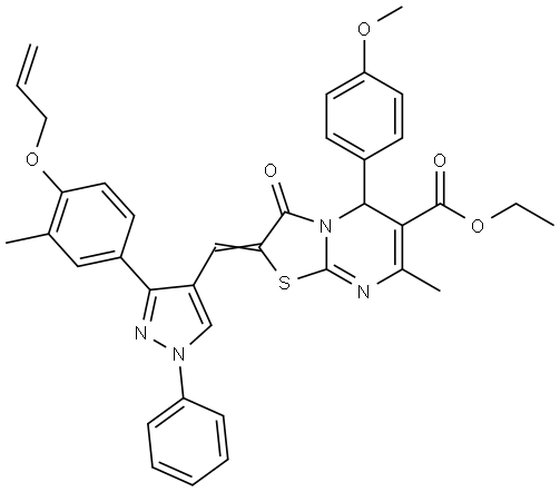 ETHYL (2E)-2-({3-[4-(ALLYLOXY)-3-METHYLPHENYL]-1-PHENYL-1H-PYRAZOL-4-YL}METHYLENE)-5-(4-METHOXYPHENYL)-7-METHYL-3-OXO-2,3-DIHYDRO-5H-[1,3]THIAZOLO[3,2-A]PYRIMIDINE-6-CARBOXYLATE Struktur