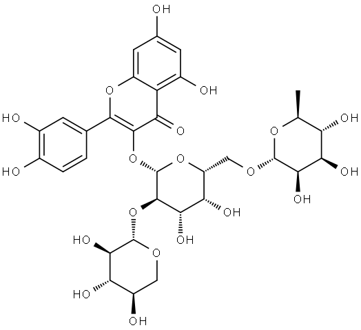 4H-1-Benzopyran-4-one, 3-[(O-6-deoxy-α-L-mannopyranosyl-(1→6)-O-[β-D-xylopyranosyl-(1→2)]-β-D-galactopyranosyl)oxy]-2-(3,4-dihydroxyphenyl)-5,7-dihydroxy- Struktur