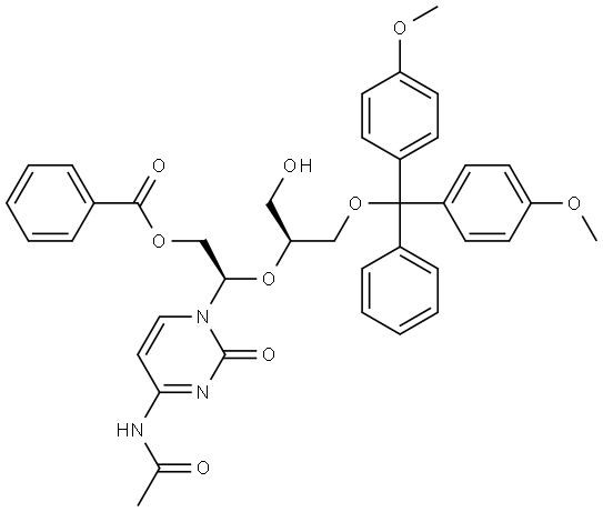 (R)-2-(4-acetamido-2-oxopyrimidin-1(2H)-yl)-2-(((S)-1-(bis(4-methoxyphenyl)(phenyl)methoxy)-3-hydroxypropan-2-yl)oxy)ethyl benzoate Struktur