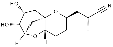 6,9a-Methano-9aH-pyrano[3,2-b]oxepin-2-propanenitrile, octahydro-7,8-dihydroxy-α-methyl-, (αR,2R,4aS,6R,7R,8R,9aS)- Struktur