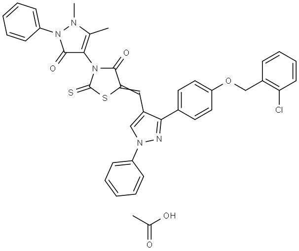 (5Z)-5-[(3-{4-[(2-CHLOROBENZYL)OXY]PHENYL}-1-PHENYL-1H-PYRAZOL-4-YL)METHYLENE]-3-(1,5-DIMETHYL-3-OXO-2-PHENYL-2,3-DIHYDRO-1H-PYRAZOL-4-YL)-2-THIOXO-1,3-THIAZOLIDIN-4-ONE ACETATE Struktur