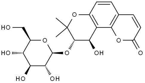 2H,8H-Benzo[1,2-b:3,4-b′]dipyran-2-one, 9-(β-D-glucopyranosyloxy)-9,10-dihydro-10-hydroxy-8,8-dimethyl-, (9S,10R)- Struktur