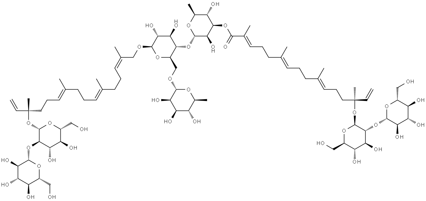 β-D-Glucopyranoside, (1S,4E,8E,12Z)-14-[[O-6-deoxy-3-O-[(2E,6E,10E,14S)-14-[(2-O-β-D-glucopyranosyl-β-D-glucopyranosyl)oxy]-2,6,10,14-tetramethyl-1-oxo-2,6,10,15-hexadecatetraen-1-yl]-α-L-mannopyranosyl-(1→4)-O-[6-deoxy-α-L-mannopyranosyl-(1→6)]-β-D-glucopyranosyl]oxy]-1-ethenyl-1,5,9,13-tetramethyl-4,8,12-tetradecatrien-1-yl 2-O-β-D-glucopyranosyl- Struktur
