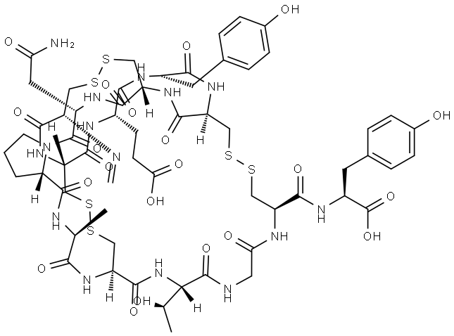 L-Tyrosine, N-methylene-L-cysteinyl-L-cysteinyl-L-α-glutamyl-L-tyrosyl-L-cysteinyl-L-cysteinyl-L-asparaginyl-L-prolyl-L-alanyl-L-cysteinyl-L-threonylglycyl-L-cysteinyl-, cyclic (1→6),(2→10),(5→13)-tris(disulfide) Struktur