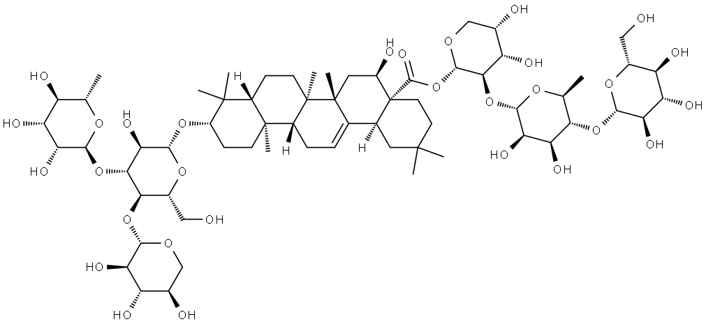 Olean-12-en-28-oic acid, 3-[(O-6-deoxy-α-L-mannopyranosyl-(1→3)-O-[β-D-xylopyranosyl-(1→4)]-β-D-glucopyranosyl)oxy]-16-hydroxy-, O-β-D-glucopyranosyl-(1→4)-O-6-deoxy-α-L-mannopyranosyl-(1→2)-α-L-arabinopyranosyl ester, (3β,16α)- Struktur