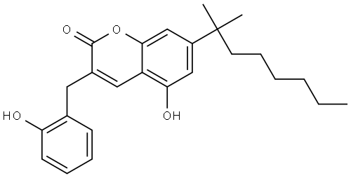 2H-1-Benzopyran-2-one, 7-(1,1-dimethylheptyl)-5-hydroxy-3-[(2-hydroxyphenyl)methyl]- Struktur