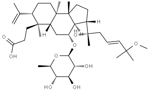 1H-Benz[e]indene-6-propanoic acid, 4-[(6-deoxy-β-D-glucopyranosyl)oxy]dodecahydro-3-[(1S,3E)-1-hydroxy-5-methoxy-1,5-dimethyl-3-hexen-1-yl]-6,9a,9b-trimethyl-7-(1-methylethenyl)-, (3S,3aR,4R,5aR,6S,7S,9aR,9bR)- Struktur