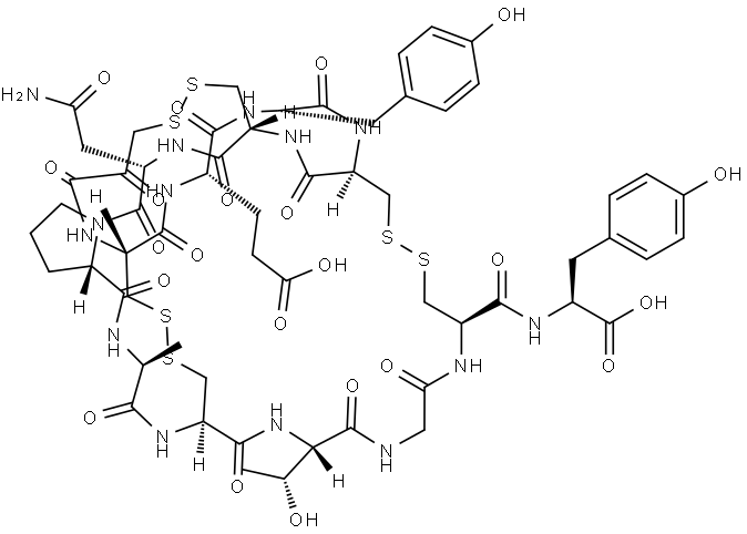 L-Tyrosine, N-(3-mercapto-1-oxopropyl)-L-cysteinyl-L-α-glutamyl-L-tyrosyl-L-cysteinyl-L-cysteinyl-L-asparaginyl-L-prolyl-L-alanyl-L-cysteinyl-L-threonylglycyl-L-cysteinyl-, cyclic (1N→5),(1S→9),(4→12)-tris(disulfide) Struktur
