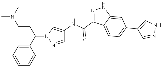 1H-Indazole-3-carboxamide, N-[1-[3-(dimethylamino)-1-phenylpropyl]-1H-pyrazol-4-yl]-6-(1H-pyrazol-4-yl)- Struktur