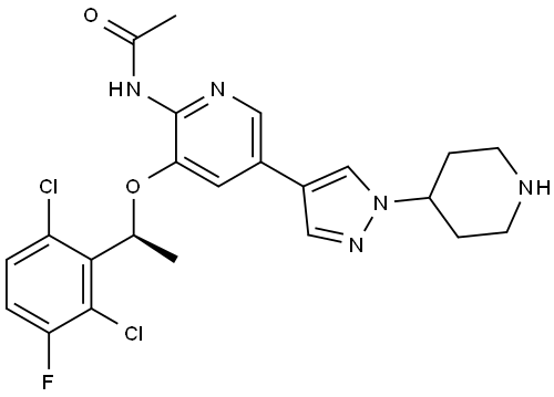 Acetamide, N-[3-[(1S)-1-(2,6-dichloro-3-fluorophenyl)ethoxy]-5-[1-(4-piperidinyl)-1H-pyrazol-4-yl]-2-pyridinyl]- Struktur