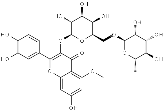 4H-1-Benzopyran-4-one, 3-[[6-O-(6-deoxy-α-L-mannopyranosyl)-β-D-galactopyranosyl]oxy]-2-(3,4-dihydroxyphenyl)-7-hydroxy-5-methoxy- Struktur