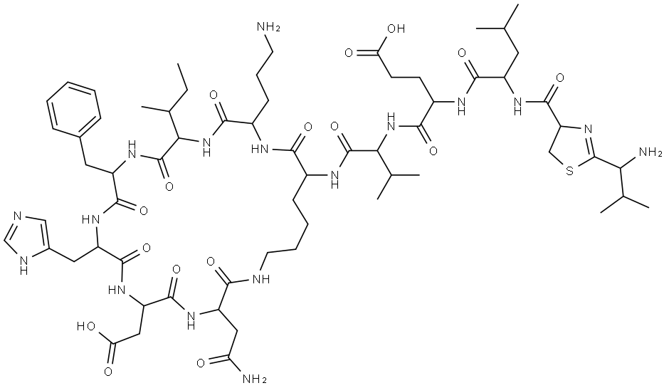 L-Asparagine, N-[[(4R)-2-[(1S)-1-amino-2-methylpropyl]-4,5-dihydro-4-thiazolyl]carbonyl]-L-leucyl-D-α-glutamyl-L-valyl-L-lysyl-D-ornithyl-L-isoleucyl-D-phenylalanyl-L-histidyl-D-α-aspartyl-, (10→4)-lactam Struktur
