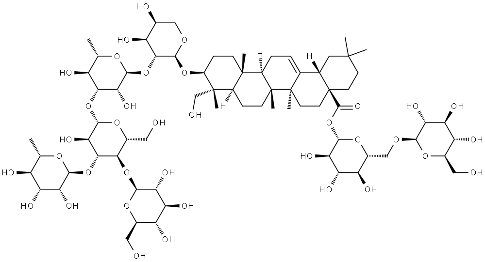 Olean-12-en-28-oic acid, 3-[(O-6-deoxy-α-L-mannopyranosyl-(1→3)-O-[β-D-glucopyranosyl-(1→4)]-O-β-D-glucopyranosyl-(1→3)-O-6-deoxy-α-L-mannopyranosyl-(1→2)-α-L-arabinopyranosyl)oxy]-23-hydroxy-, 6-O-β-D-glucopyranosyl-β-D-glucopyranosyl ester, (3β,4α)- Struktur
