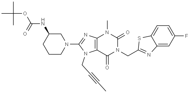 Carbamic acid, N-[(3R)-1-[7-(2-butyn-1-yl)-1-[(5-fluoro-2-benzothiazolyl)methyl]-2,3,6,7-tetrahydro-3-methyl-2,6-dioxo-1H-purin-8-yl]-3-piperidinyl]-, 1,1-dimethylethyl ester Struktur