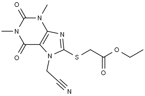 Acetic acid, 2-[[7-(cyanomethyl)-2,3,6,7-tetrahydro-1,3-dimethyl-2,6-dioxo-1H-purin-8-yl]thio]-, ethyl ester Struktur
