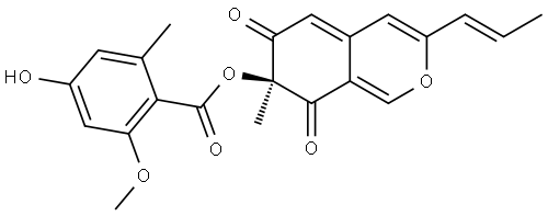 Benzoic acid, 4-hydroxy-2-methoxy-6-methyl-, (7S)-7,8-dihydro-7-methyl-6,8-dioxo-3-(1E)-1-propen-1-yl-6H-2-benzopyran-7-yl ester Struktur