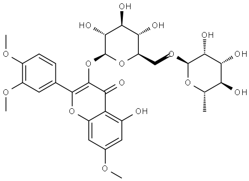 4H-1-Benzopyran-4-one, 3-[[6-O-(6-deoxy-α-L-mannopyranosyl)-β-D-glucopyranosyl]oxy]-2-(3,4-dimethoxyphenyl)-5-hydroxy-7-methoxy- Structure