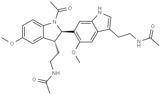 Acetamide, N,N′-[(1-acetyl-2,3-dihydro-5,5′-dimethoxy[2,6′-bi-1H-indole]-3,3′-diyl)di-2,1-ethanediyl]bis-, trans- (ZCI) Struktur