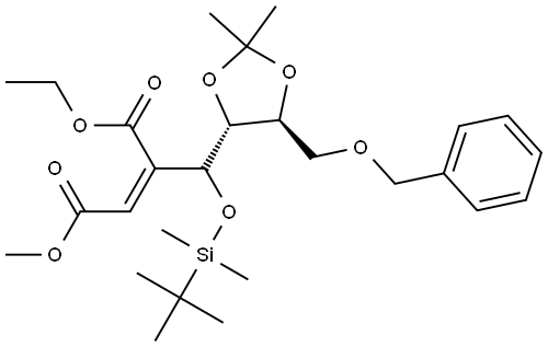 L-threo-Hept-2-enonic acid, 2,3-dideoxy-4-O-[(1,1-dimethylethyl)dimethylsilyl]-3-(ethoxycarbonyl)-5,6-O-(1-methylethylidene)-7-O-(phenylmethyl)-, methyl ester, (2Z,4ξ)- Struktur