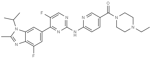Methanone, (4-ethyl-1-piperazinyl)[6-[[5-fluoro-4-[4-fluoro-2-methyl-1-(1-methylethyl)-1H-benzimidazol-6-yl]-2-pyrimidinyl]amino]-3-pyridinyl]- Struktur