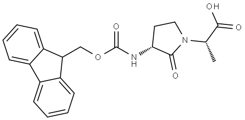 2S)-2-[(3R)-3-(N-[9-fluorenylmethyloxycarbonyl]amino)-2-oxo-pyrrolidin-1-yl]propionic acid Struktur