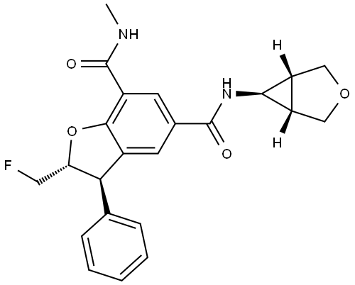 5,7-Benzofurandicarboxamide, 2-(fluoromethyl)-2,3-dihydro-N7-methyl-N5-(1α,5β,6-exo,6β)-3-oxabicyclo[3.1.0]hex-6-yl-3-phenyl-, (2R,3R)- Struktur