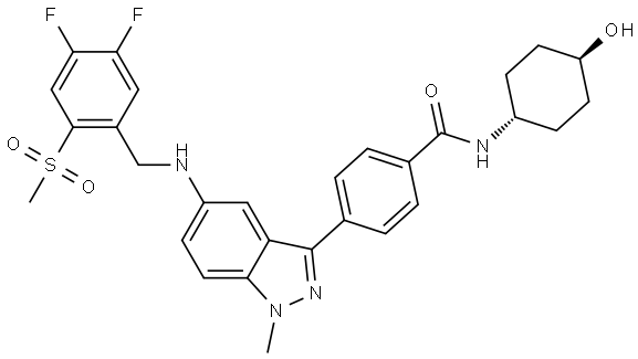 Benzamide, 4-[5-[[[4,5-difluoro-2-(methylsulfonyl)phenyl]methyl]amino]-1-methyl-1H-indazol-3-yl]-N-(trans-4-hydroxycyclohexyl)- Struktur