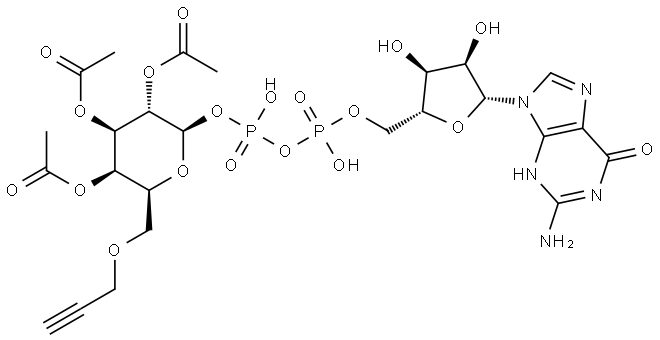Guanosine 5′-(trihydrogen diphosphate), P′-(2,3,4-tri-O-acetyl-6-O-2-propyn-1-yl-β-L-galactopyranosyl) ester Struktur
