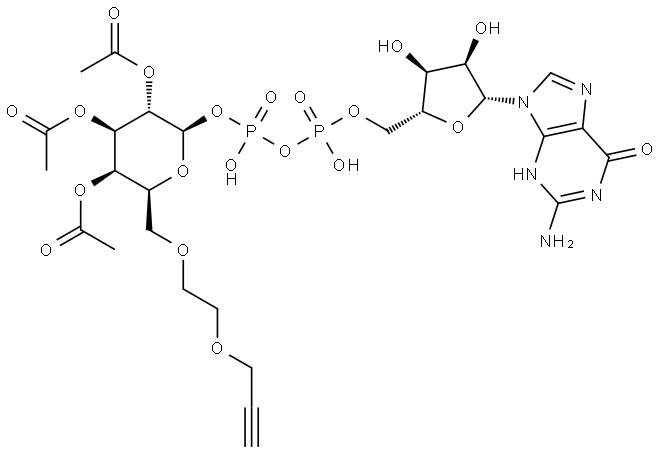 Guanosine 5′-(trihydrogen diphosphate), P′-[2,3,4-tri-O-acetyl-6-O-[2-(2-propyn-1-yloxy)ethyl]-β-L-galactopyranosyl] ester Struktur
